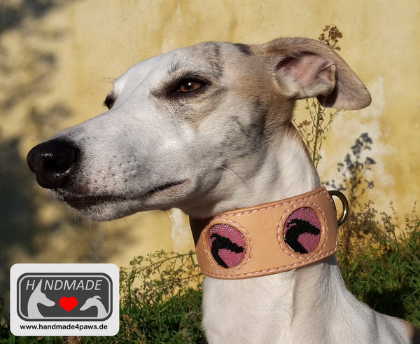 Leder Halsband mit runden Whippet / Greyhound / Galgo / italienisches Windspiel- Perlen Motiven