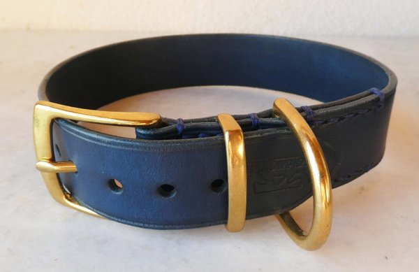 CLASSIC Leder Halsband  robustes Rinderleder blau, Breite 3 cm Halsumfang 36-42cm